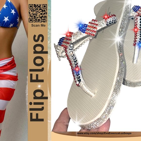 Flip Flops, T-Strap Flip Flops, Women Sandals, Ladies Shoes, Independence Day - Picture 6 of 16